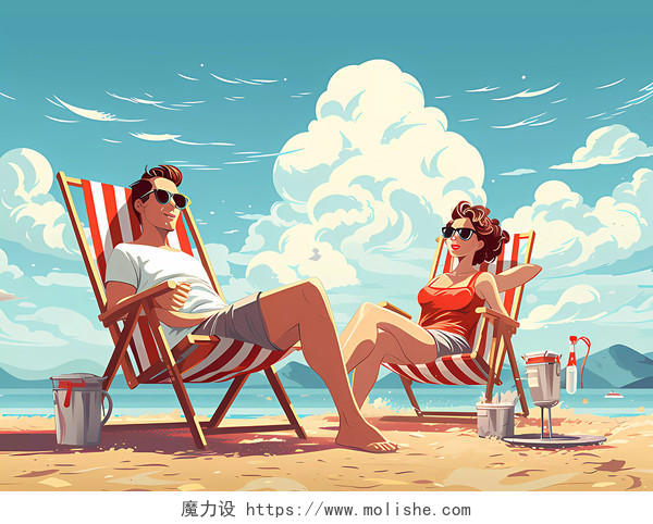 夏日沙滩海边浪漫情侣防晒伞下日光浴